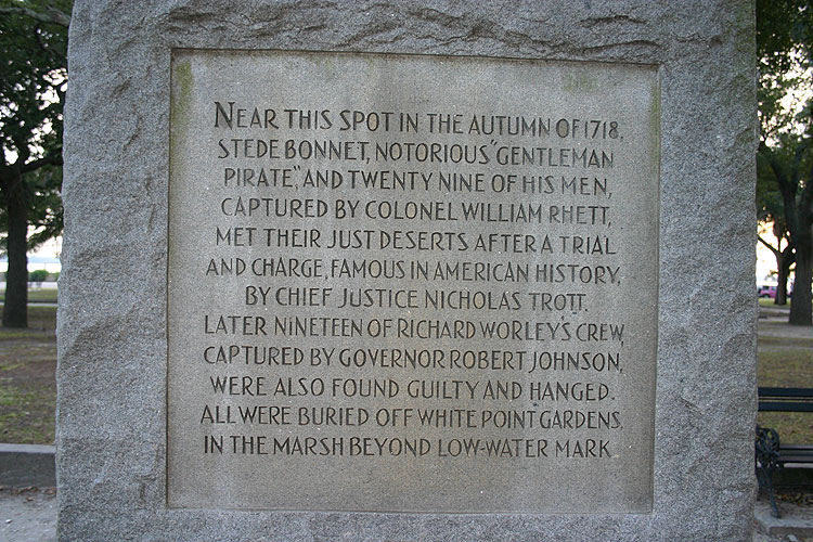 The tomb slab that states the execution of pirate Stede Bonnet and his crew at White Point in Charleston